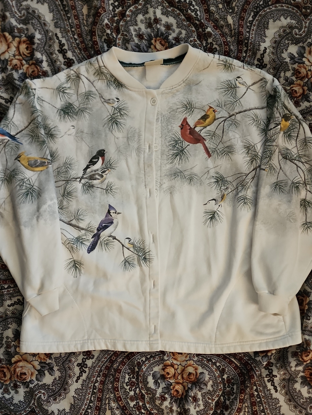 Artisan's Vintage Bird Print Button-up Cardigan – L